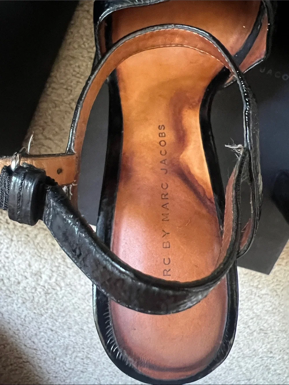 Marc Jacobs Black Patent Platform Sandals with Silver Chain